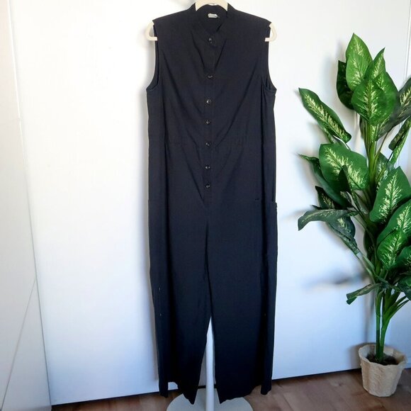 Malia Mills Black Cotton Wide Leg Button Up Drawstring Waist Jumpsuit Size 8 - Picture 6 of 14